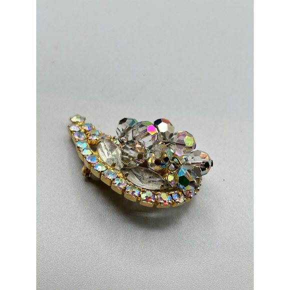 Vintage Paisley Brooch with AB Beads Smokey Grey Rhinestones Gold Tone Setting - Picture 3 of 7